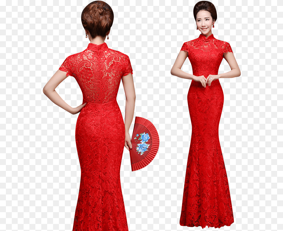 Bsjy Red Lace Mandarin Collar Mermaid Qipao Traditional Red Lace Mandarin Dress, Formal Wear, Clothing, Evening Dress, Fashion Free Png