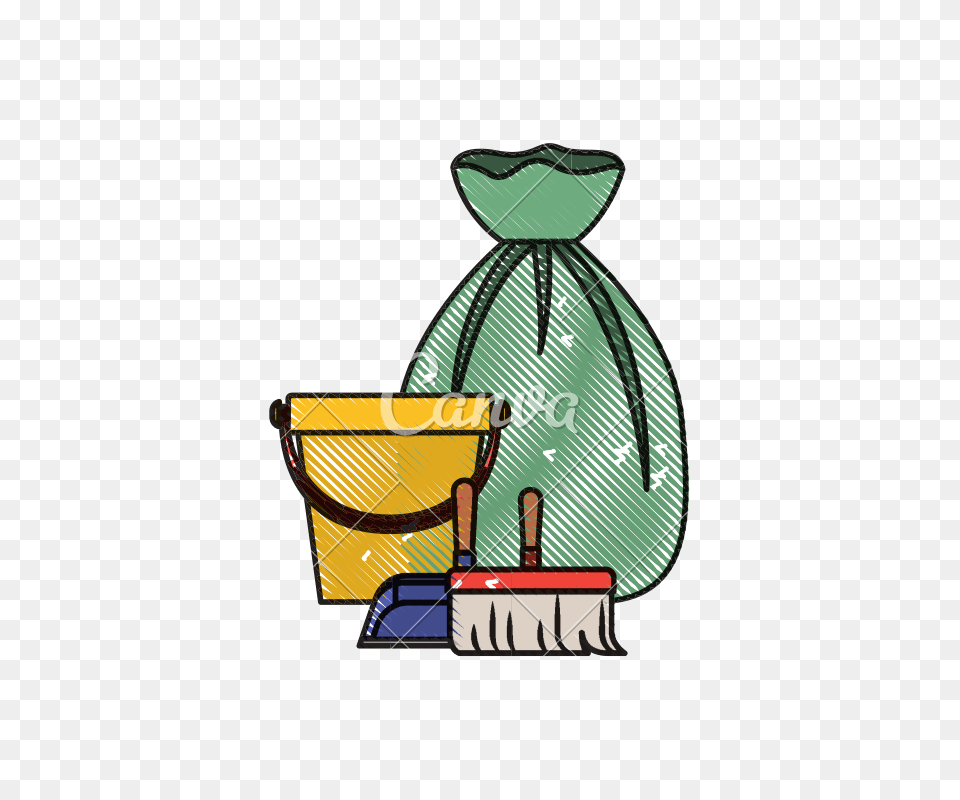 Bucket And Dustpan And Broom And Garbage Bag In Colored Crayon, Cleaning, Person Png