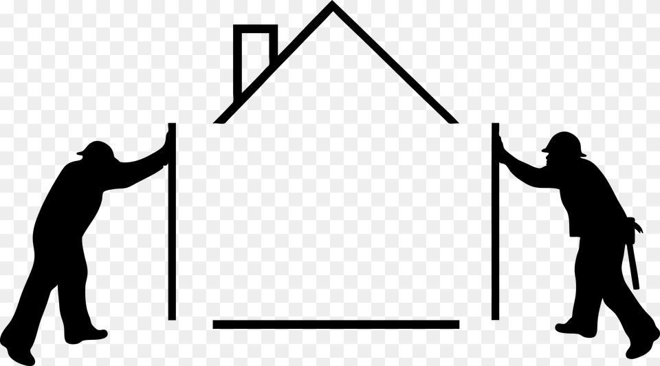 Builders Pushing House Together Building A House Clip Art, Stencil, Adult, Person, Man Png Image