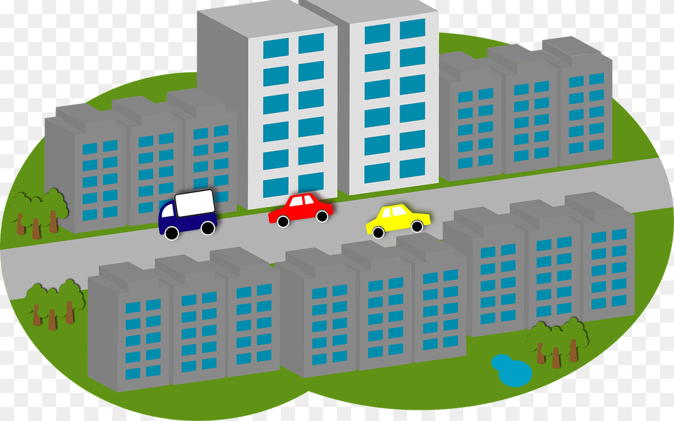 Buildings Line Both Sides Of Street Where Cars Are Driving Clipart, Architecture, Office Building, Neighborhood, Housing Free Png