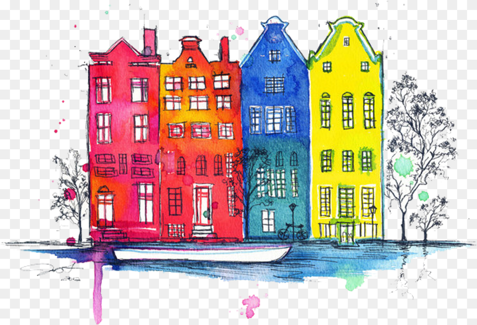 Buildings Watercolor Colorful Freetoedit Colorful Buildings Drawing, Art, City, Neighborhood, Painting Png Image