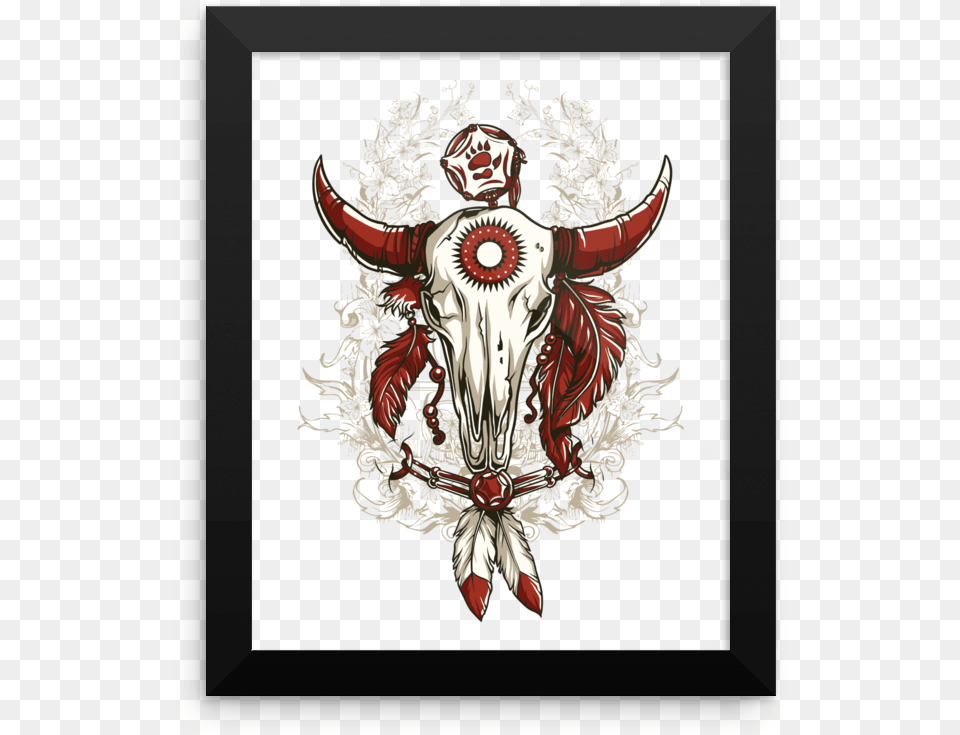 Bull Skull Framed Poster Feathers Indian Horns Red Honor Tradition Bulls Skull, Animal, Mammal, Baby, Person Free Png
