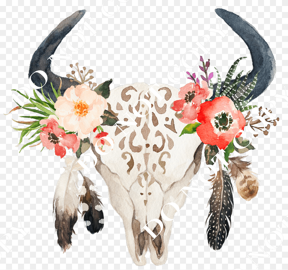 Bull Skull With Feathers Art, Graphics, Pattern, Floral Design Free Png Download