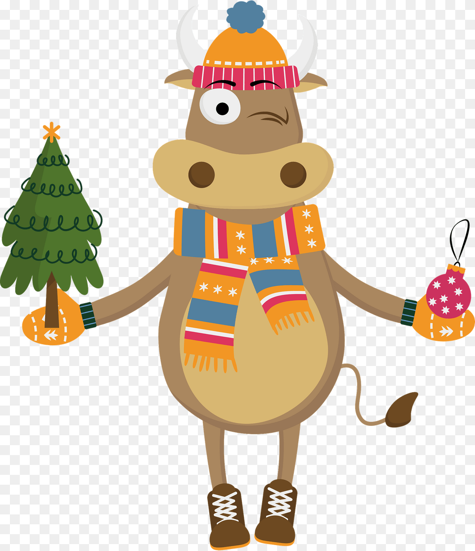 Bull With With A Christmas Tree And A Toy Clipart, Applique, Pattern, Nature, Outdoors Png Image