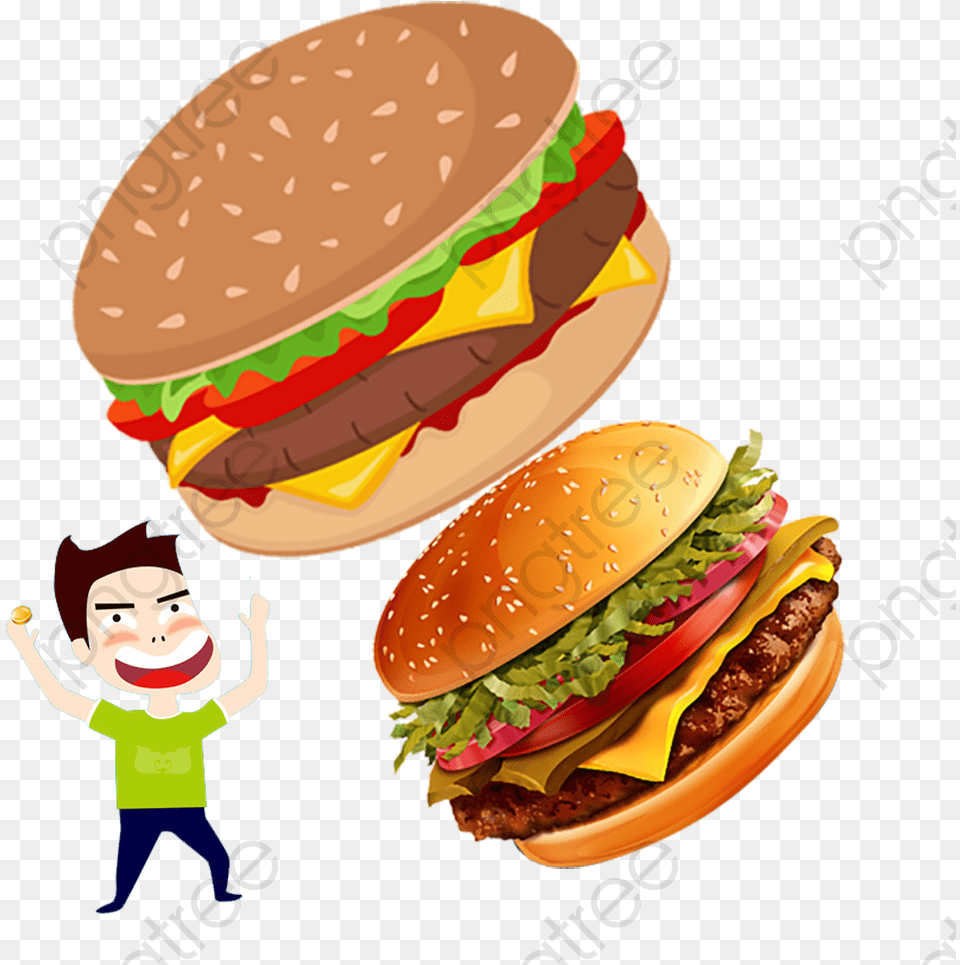 Burger Clipart Cartoon Man Eating Big Burger Cartoons, Food, Baby, Person, Face Free Transparent Png