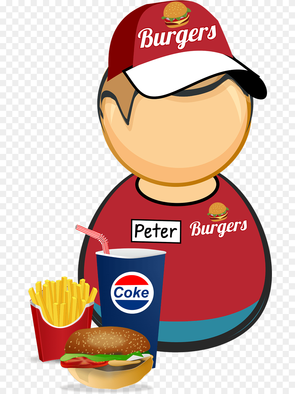 Burger Coke Cola Comic Characters Cup Drink Fast Food Worker Clipart, Meal, Lunch, Hat, Baseball Cap Free Png