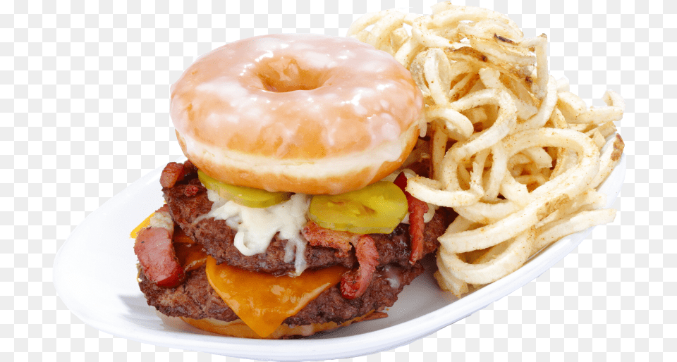 Burger With Cheese Bacon Pickles Donut And Side Sassy Bass Crazy Donuts, Food Free Transparent Png