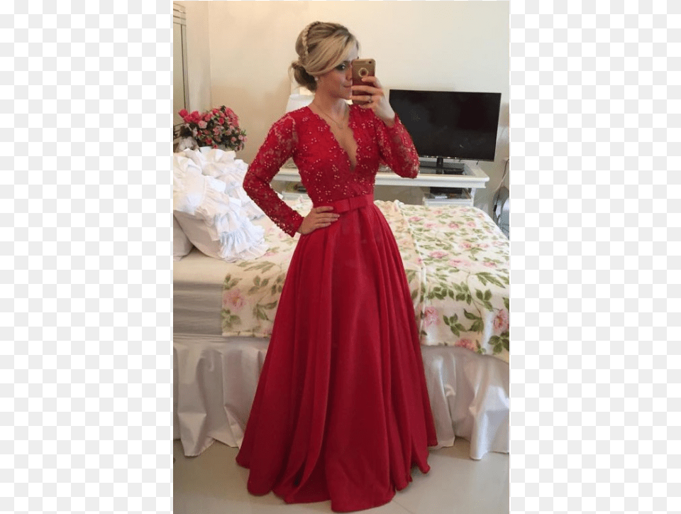 Burgundy Long Sleeve V Neck Lace Beaded Bodice A Line Long Sleeve Lace Deep V Red Dress, Fashion, Formal Wear, Gown, Wedding Gown Png Image