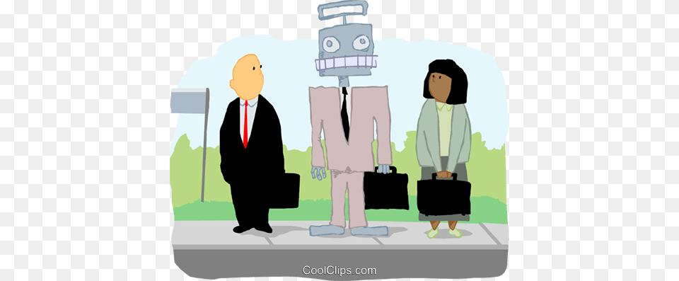 Business People At Bus Stop With Robot Royalty Free Legal Person, Clothing, Coat, Man, Male Png Image