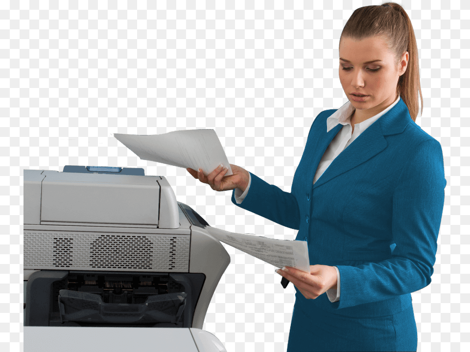 Business Woman Blue Coat Next To Office Printer Output Device, Machine, Computer Hardware, Electronics, Hardware Free Png