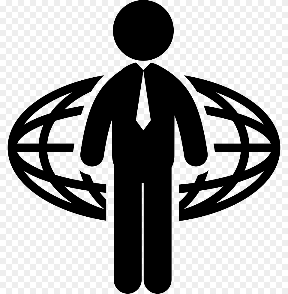 Businessman And Oval World Grid Behind Choices Clipart Black And White, Stencil, Logo Free Png