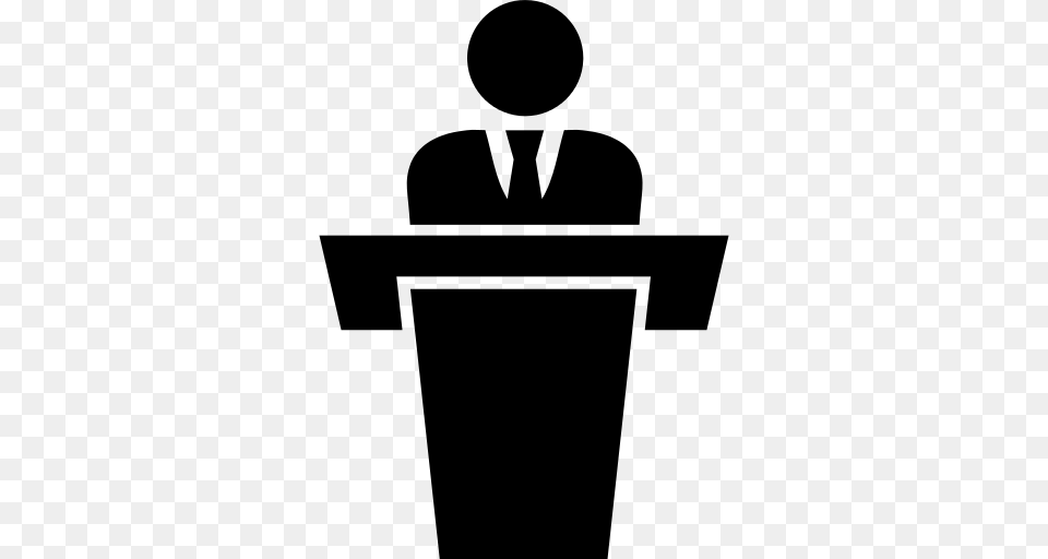 Businessman Behind Podium Giving A Speech Icon, Gray Png