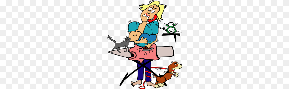 Busy Mom With Child And Pets Clip Art, Book, Comics, Publication, Baby Free Transparent Png