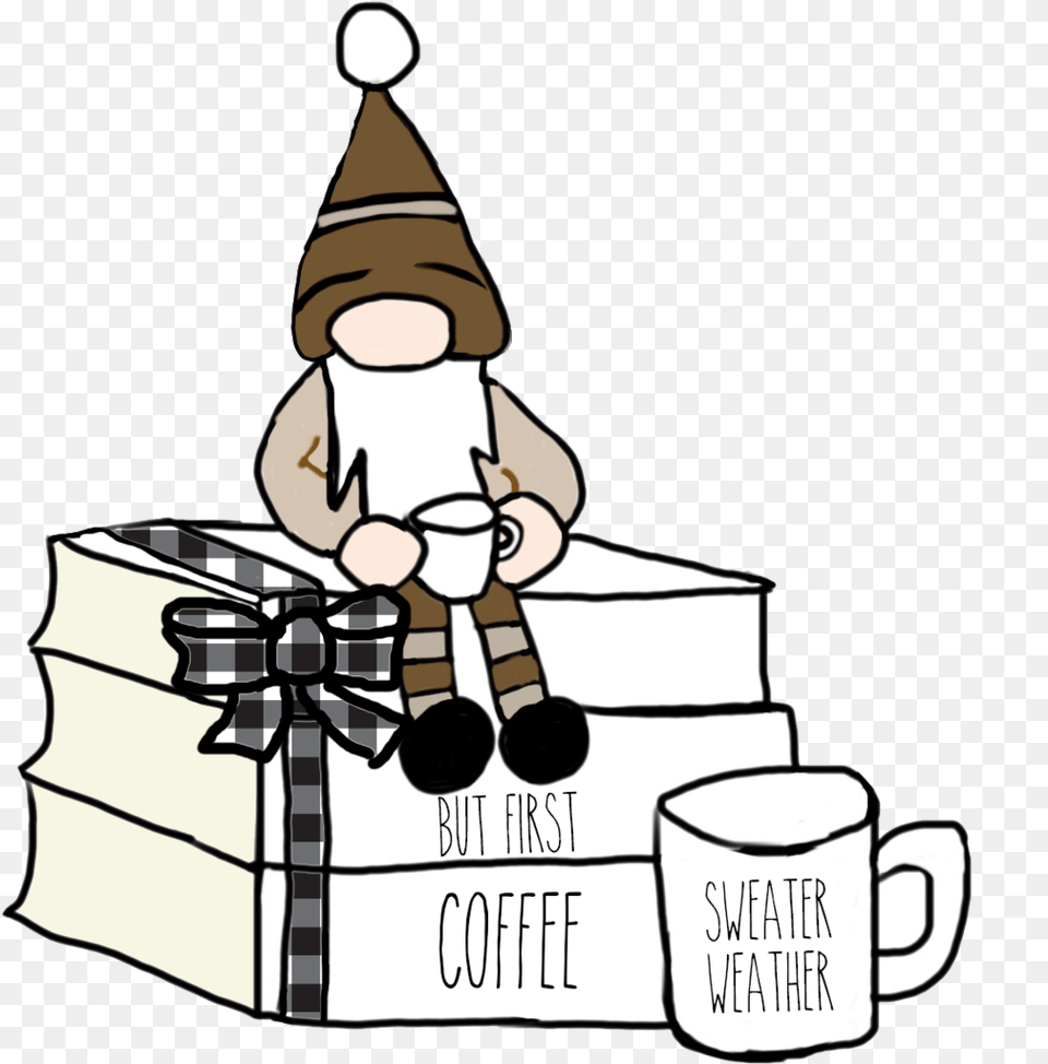 But First Coffee Gnome Book Stack Die Cut Cartoon, Cup, Cutlery, Beverage, Coffee Cup Free Transparent Png