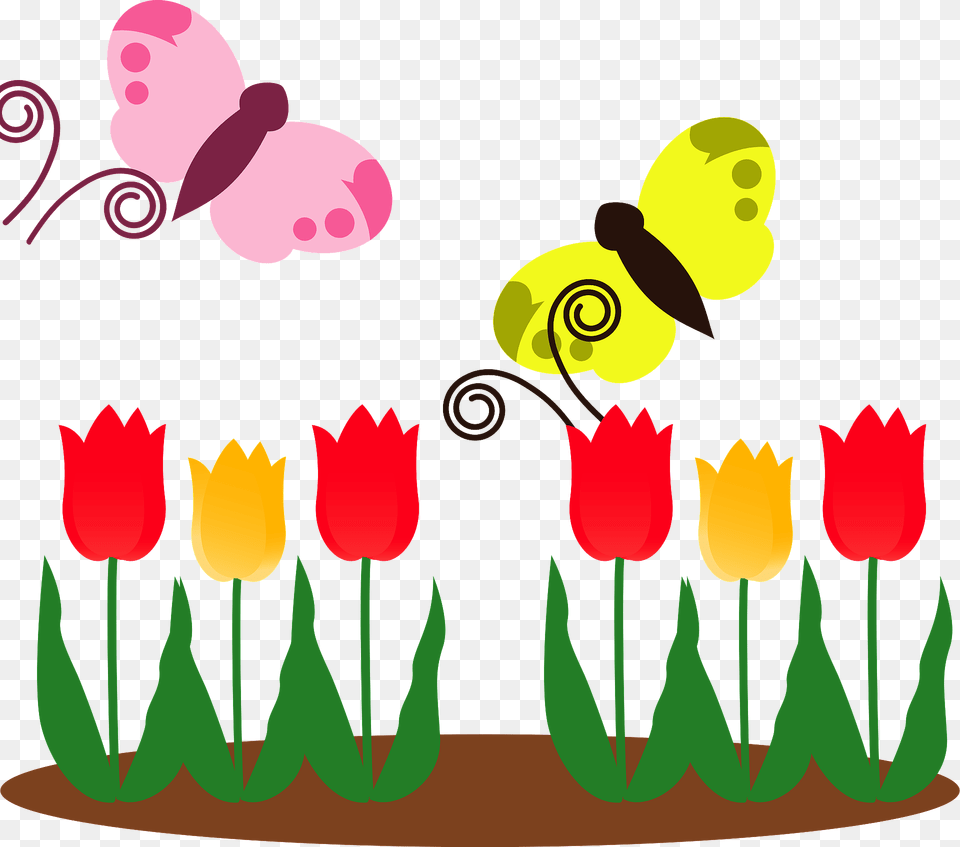 Butterflies Are Flying Over The Tulips Clipart, Flower, Plant, Petal, Tulip Png