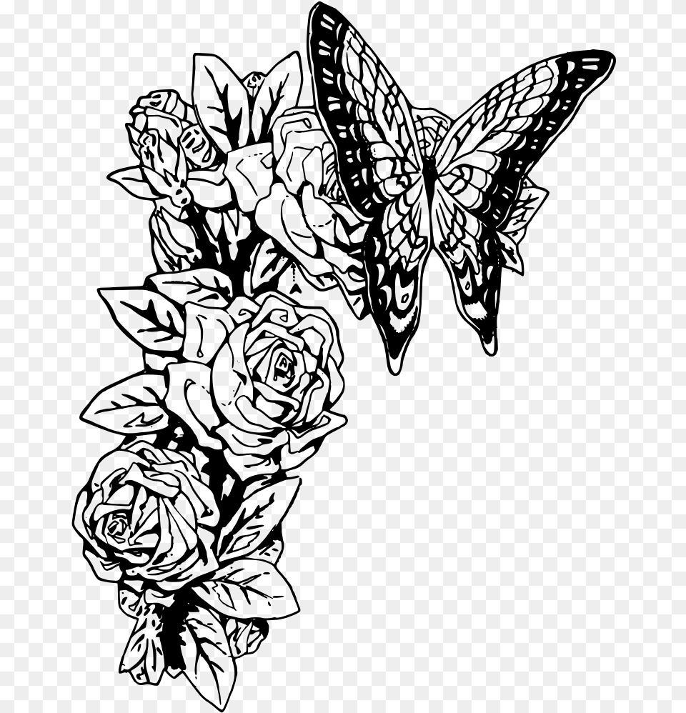 Butterfly And Roses Butterfly Black And White Art, Gray Free Transparent Png