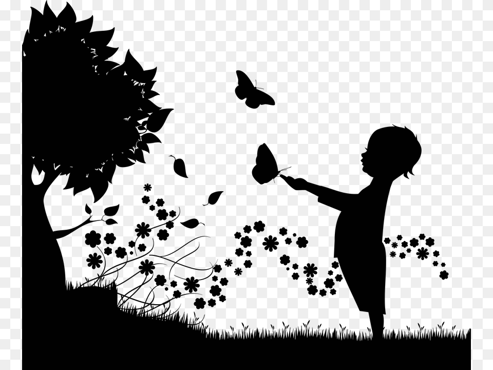 Butterfly Child Floral Flowers Kid Leaf Leaves Child Silhouette, Nature, Night, Outdoors, Astronomy Png Image