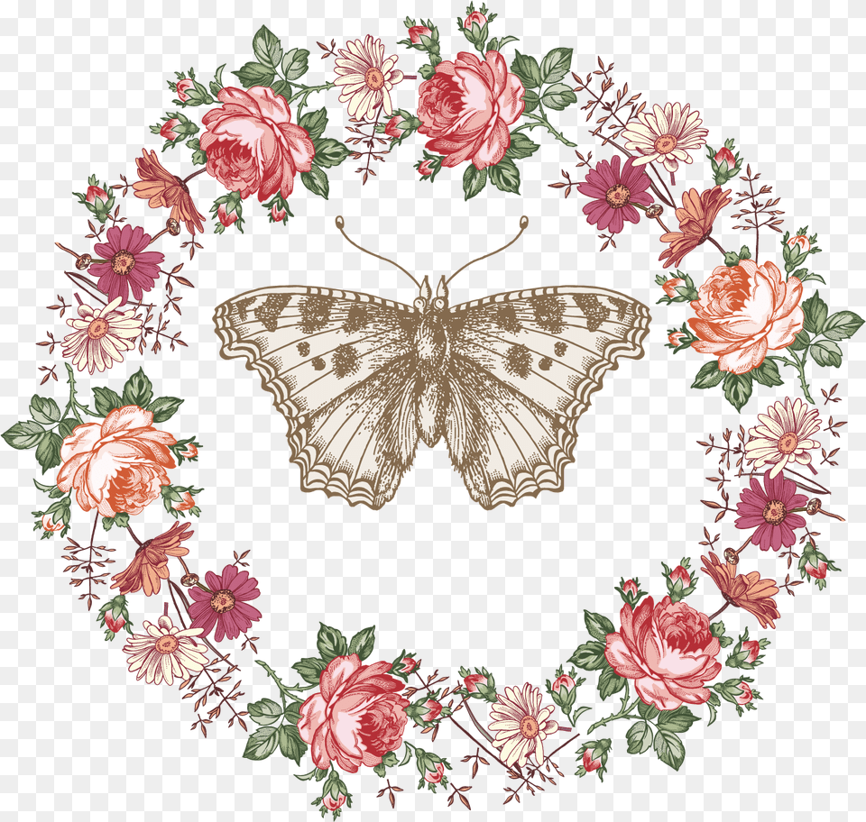 Butterfly Clipart Wreath Transparent Rustic Floral Border, Embroidery, Pattern, Art, Floral Design Png