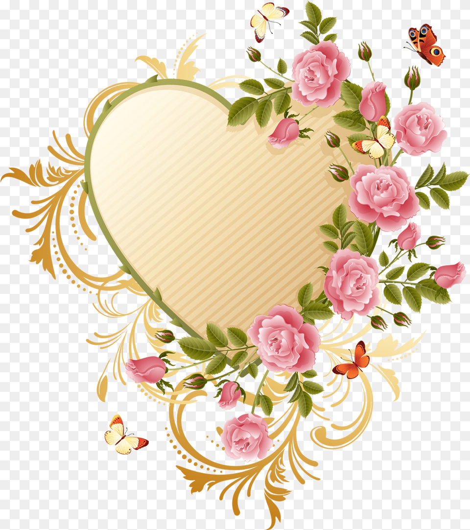Butterfly Heart Flower Rose Pink Border Flower And Butterfly Heart, Art, Floral Design, Graphics, Pattern Free Transparent Png
