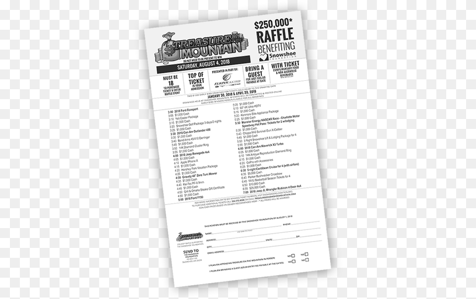 Buy Your Treasure On The Mountain Raffle Ticket Treasure On The Mountain Snowshoe, Text, Document Png