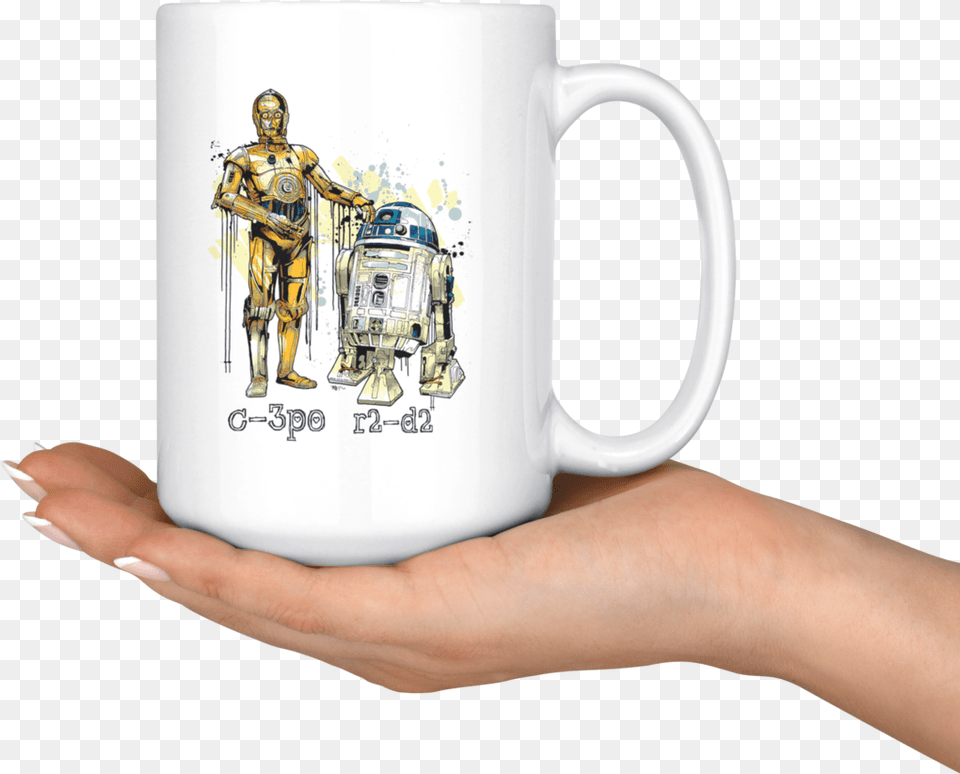 C3po And R2d2 Watercolor Mug Star Wars Mug 19th Wedding Anniversary, Cup, Finger, Body Part, Person Free Transparent Png