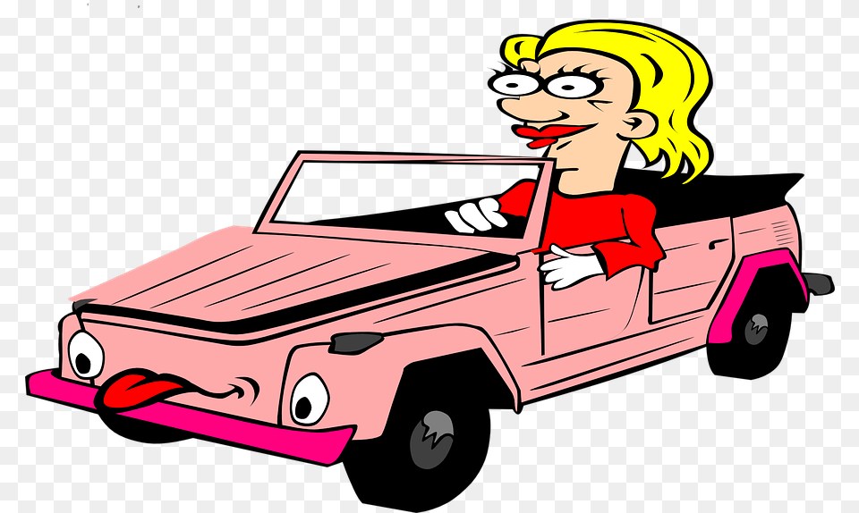 Cabriolet Cartoon Blond Woman Tongue Pink Drive Off Phrasal Verb, Pickup Truck, Transportation, Truck, Vehicle Free Png