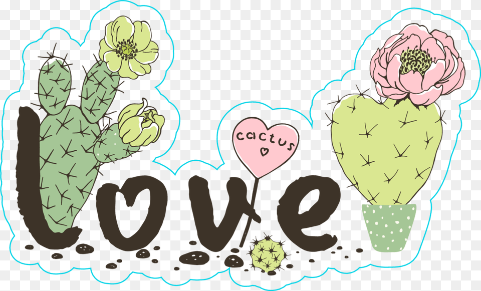 Cactus Love And Hearts Sticker Illustration, Flower, Plant, Rose, Face Free Png