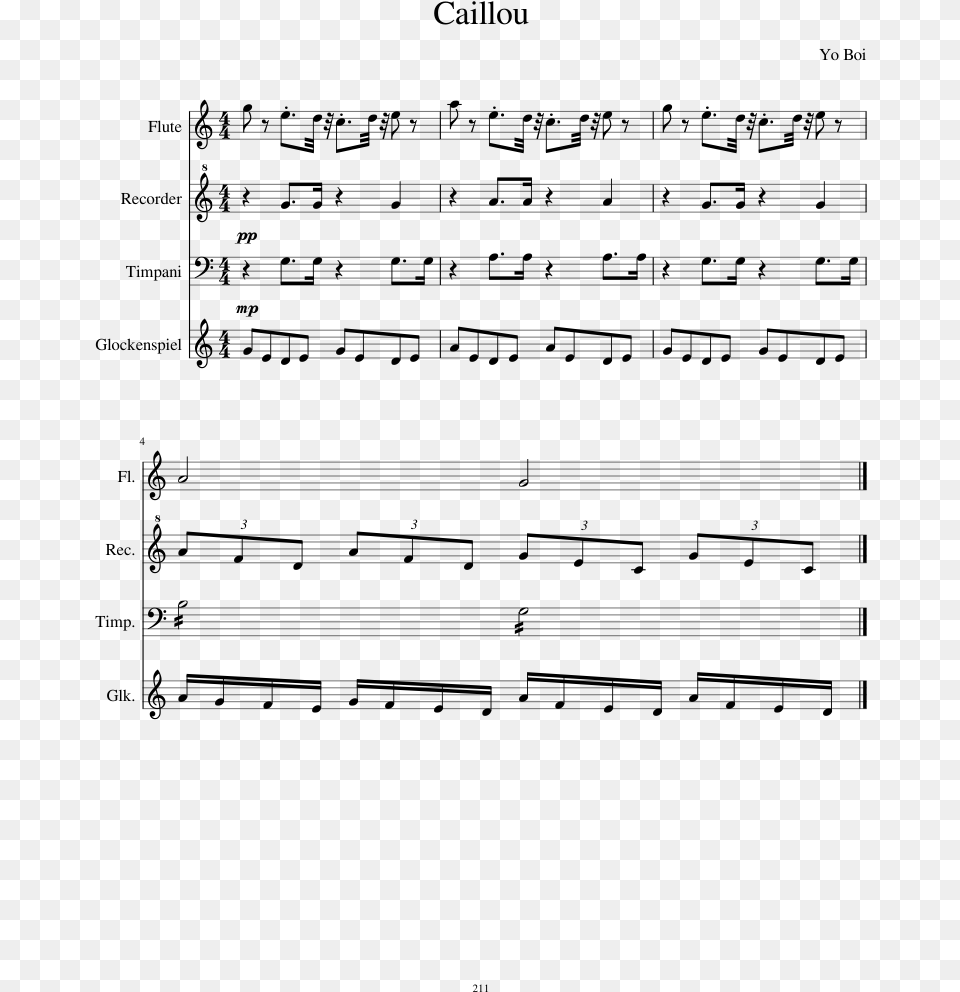 Caillou Sheet Music For Flute Recorder Timpani Percussion Caillou Theme Song Flute Sheet Music, Gray Png Image
