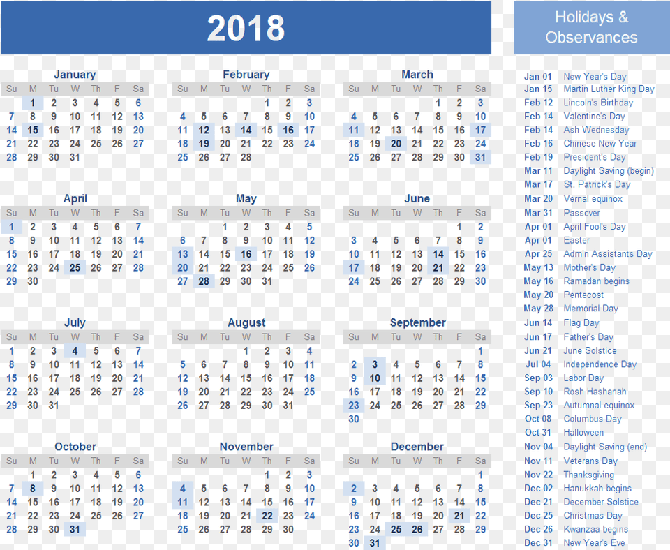 Calendar 2018 Holidays Printable 2020 Calendar With Holidays, Text, Scoreboard Png Image