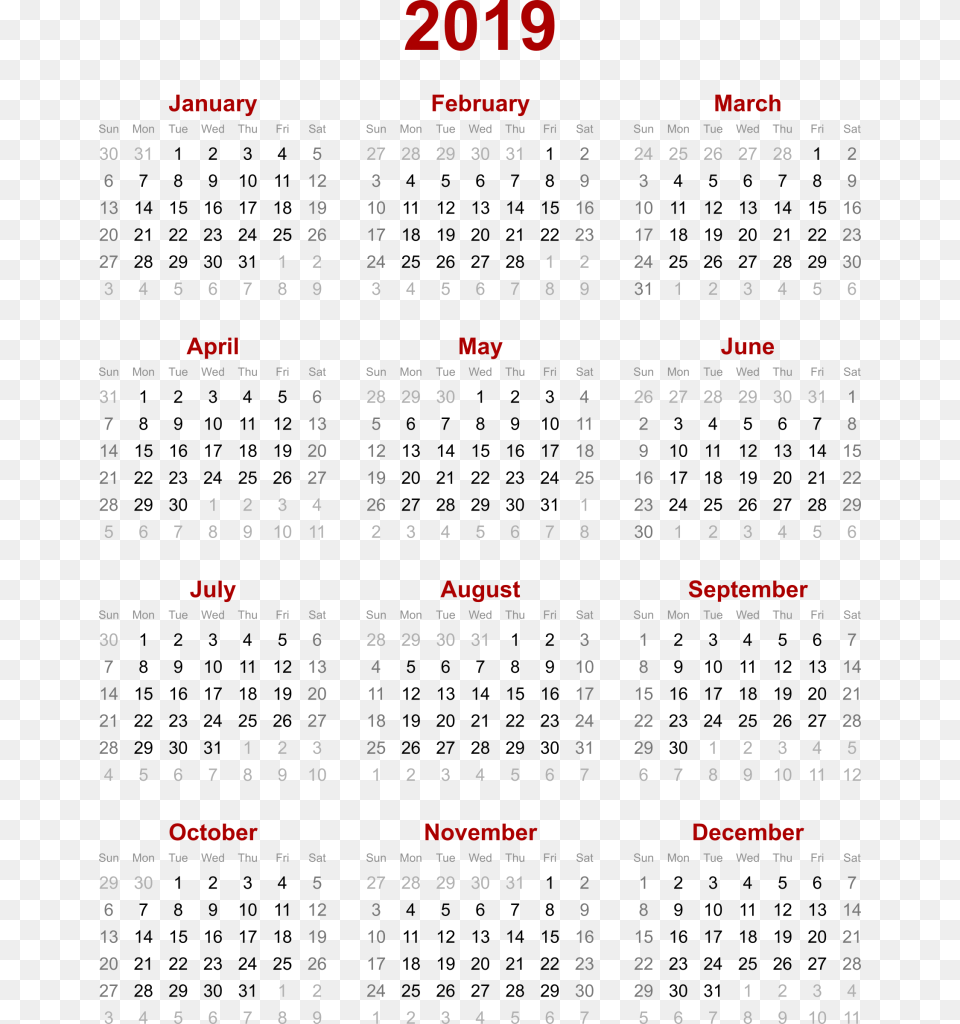 Calendar 2019 2019 Calendar Mon Sun, Text, Scoreboard Free Transparent Png