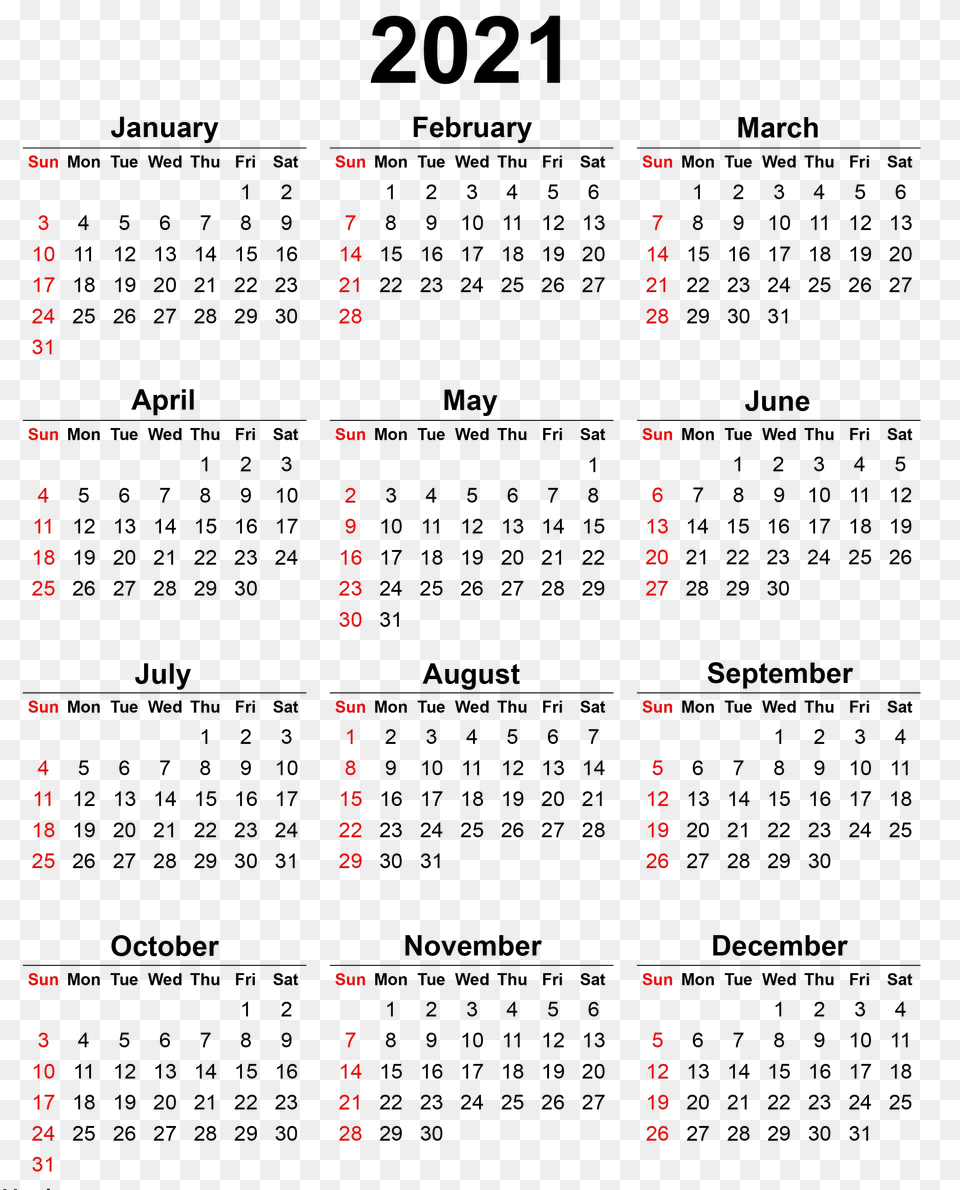 Calendar 2021, Text Free Png