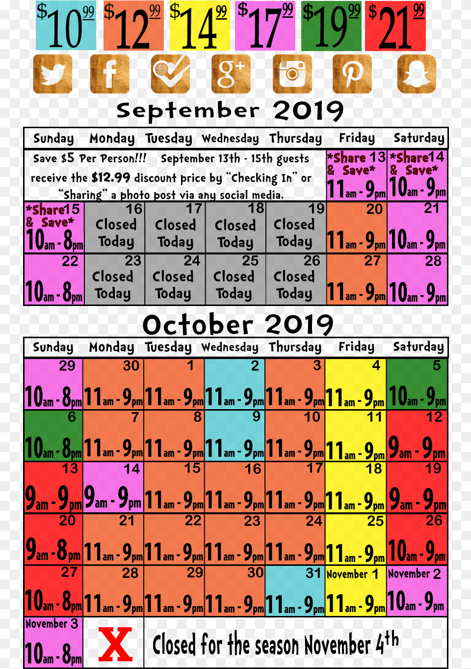 Calendar Price And Hours Of Operation For 2019 Bengtson Bengtson39s Pumpkin Farm And Fall Fest, Text, Scoreboard, Number, Symbol Free Transparent Png