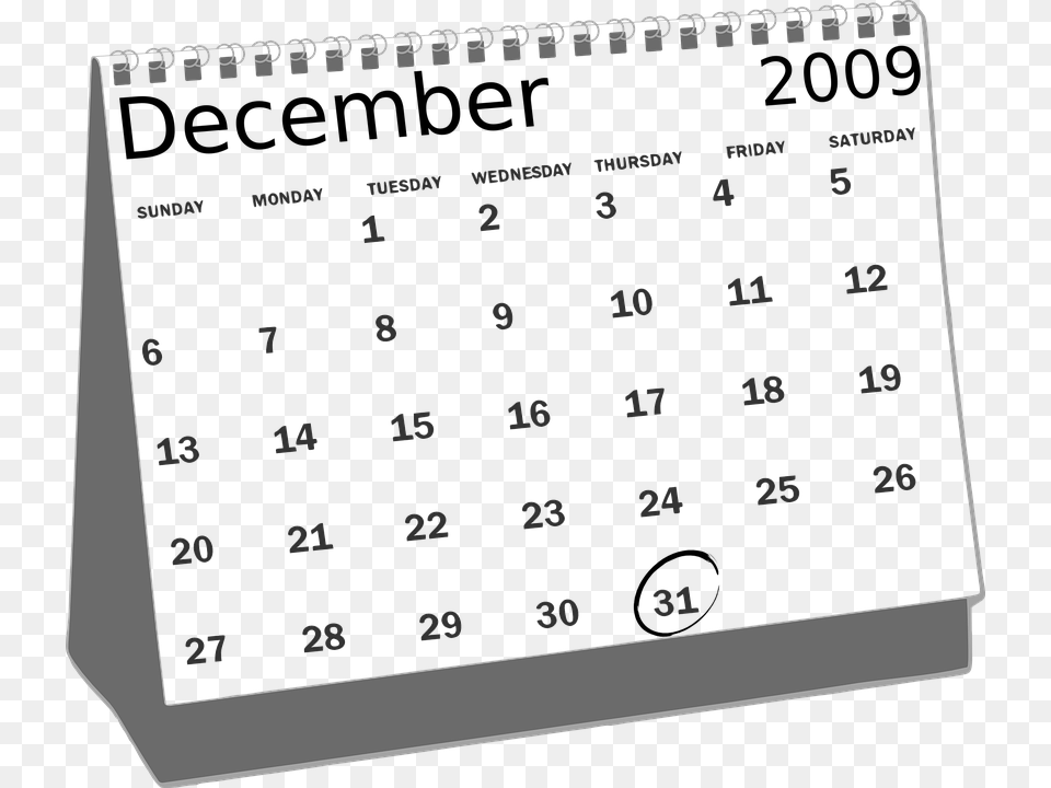 Calendars Dates 2009 Year December Months 31st Calendar Clipart Black And White, Accessories, Text, Blackboard Free Png Download