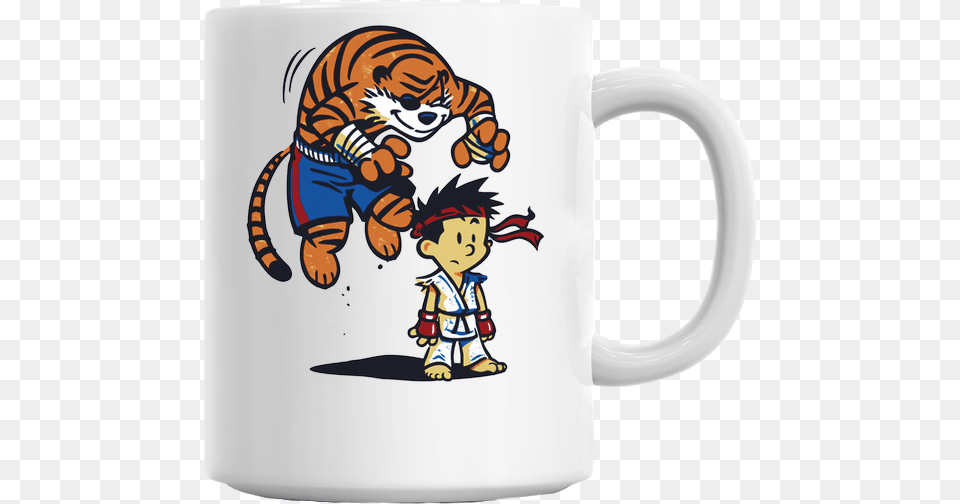 Calvin Amp Hobbes Street Fighter Tiger Attack Mug Calvin And Hobbes Apparel, Cup, Baby, Person, Face Free Png Download
