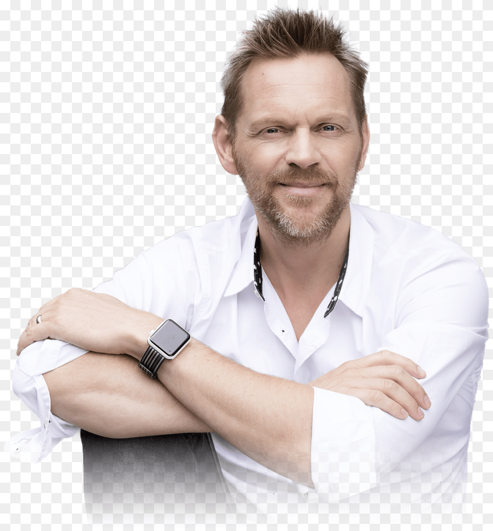 Calvin Arms On Knee No Background Fade Gentleman, Clothing, Shirt, Hand, Person Png Image