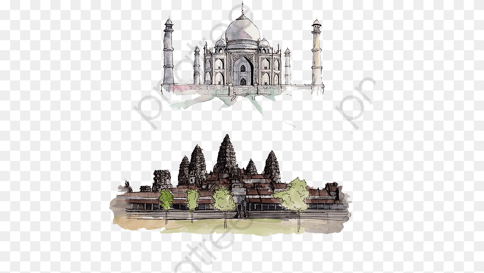 Cambodia Taj Mahal India Angkor Wat Watercolor, Architecture, Building, Cathedral, Church Free Png
