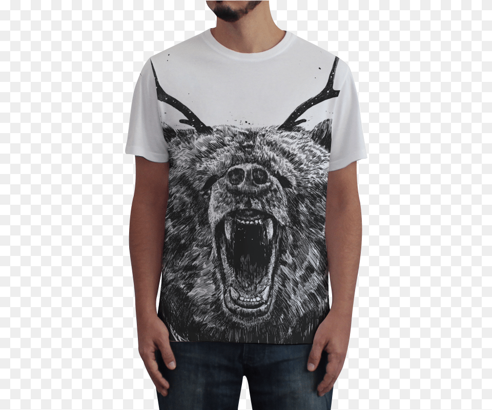 Camiseta Fullprint Angry Bear With Antlers De Balzs Bear With Antlers, Clothing, T-shirt, Adult, Male Free Png