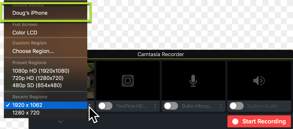 Camtasia Recorder Showing How To Select An Ios Device Screen Recorder Camtasia, Text, Computer Hardware, Electronics, Hardware Free Png Download