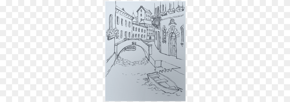 Canal Narrow Venetian Street With Bridge And Gon Poster Canal Drawing, Art, White Board, Boat, Transportation Png