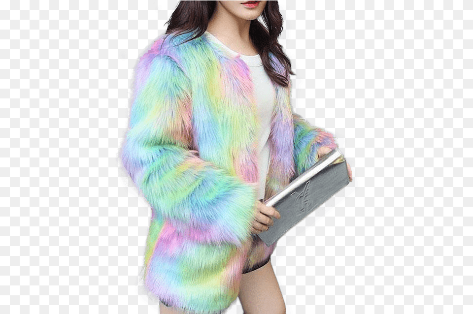 Candy Rainbow Faux Fur Jacket Blue Rainbow Fur Jacket, Adult, Clothing, Coat, Female Png Image