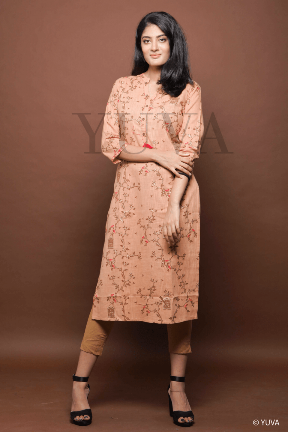 Cantaloupe Brown Cotton A Line Kurti With Side Slits Photo Shoot, Adult, Sandal, Person, Woman Free Png