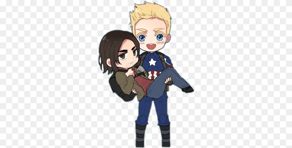 Captainamerica Steverogers Marvel Chibi Shield Bucky Bucky Barnes Chibi, Book, Comics, Publication, Baby Free Transparent Png