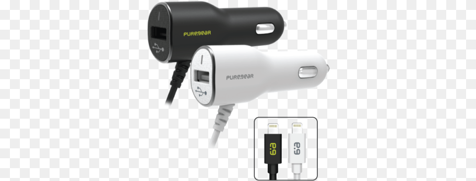 Car Charger With Lightning Connector And Usb Port Puregear Power Adapter Car, Electronics, Appliance, Blow Dryer, Device Png