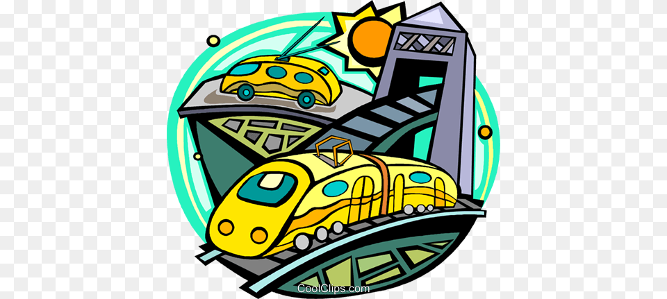 Car On A Road With An Electric Train Royalty Free Vector Clip Art, Vehicle, Transportation, Roller Coaster, Amusement Park Png