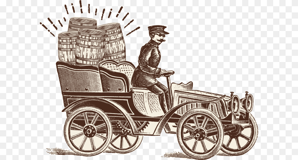Car With Beer Barrels Czowiek Z Czerwon Chorgiewk O Pocztkach Motoryzacji, Spoke, Machine, Adult, Person Png