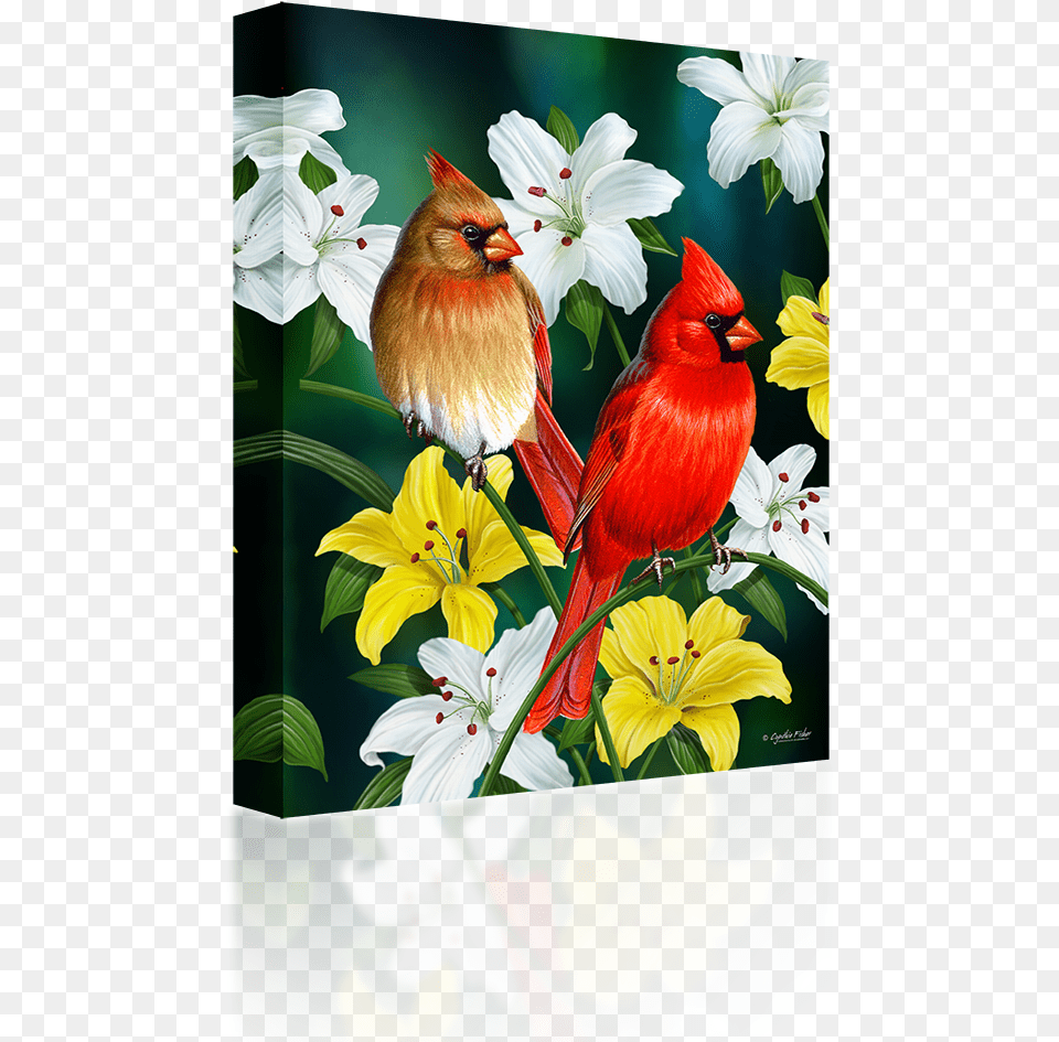 Cardinal Bird With Flowers Mini Garden Flag With Welcome Lilies, Animal, Beak, Flower, Plant Png