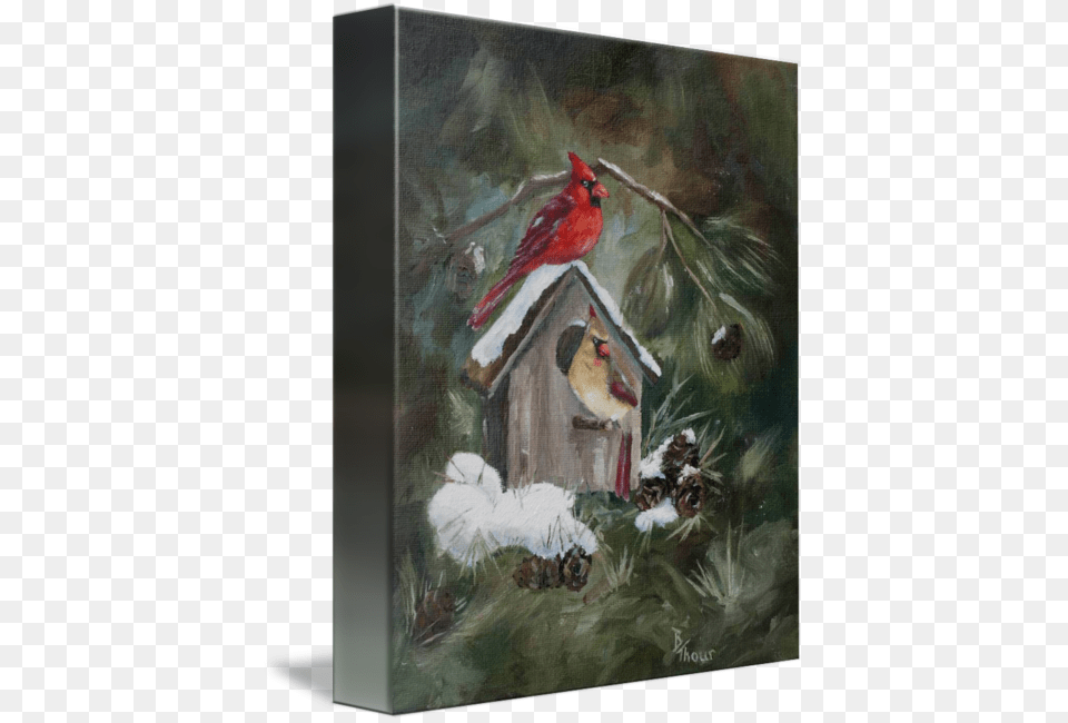 Cardinals On Snow Covered Birdhouse By Brenda Thour Christmas Card, Animal, Bird, Cardinal Free Png
