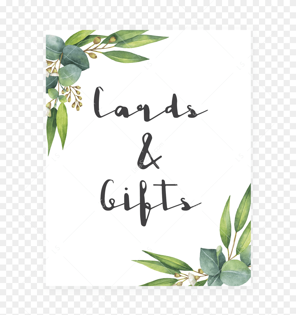Cards And Gifts Sign Printable Watercolor Green Leaves Bridal Shower Printable Games, Leaf, Plant, Text, Handwriting Free Png
