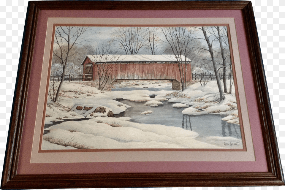 Carl Gilbert Red Covered Bridge In Snowy Landscape Watercolor Painting, Photo Frame, Outdoors, Art, Nature Png