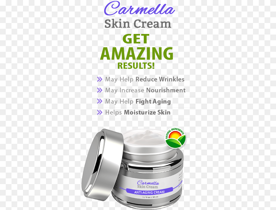 Carmella Skin Cream Natural Ingredients, Bottle, Shaker, Advertisement Png